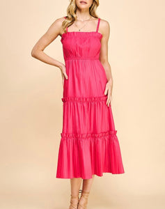 Hot Pink Slvls Pleated Midi Dress