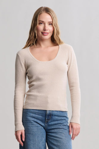 Barefoot Dreams Stone CCUL Ribbed Scallop Scoop Neck Top