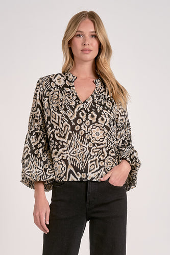 Black Printed V-Neck LS Blouse