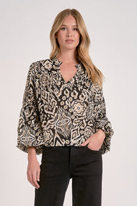 Black Printed V-Neck LS Blouse
