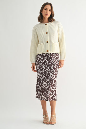 Brown/Ivory Abstract Print Satin Midi Skirt