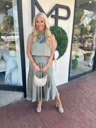 Sage Satin Draped Midi Skirt