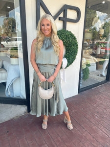 Sage Satin Draped Midi Skirt