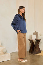 Load image into Gallery viewer, Navy Satin V-Neck LS Blouse