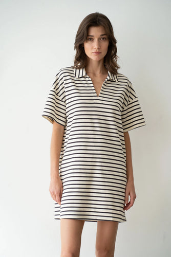 Charcoal Striped Collared V-Neck Casual Mini Dress