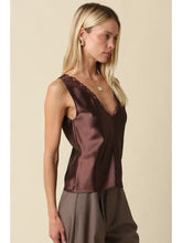 Load image into Gallery viewer, Satin Lace Trim V-Neck Tank Top Brown