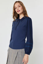 Load image into Gallery viewer, Navy Mixed Media Polo Knit LS Top