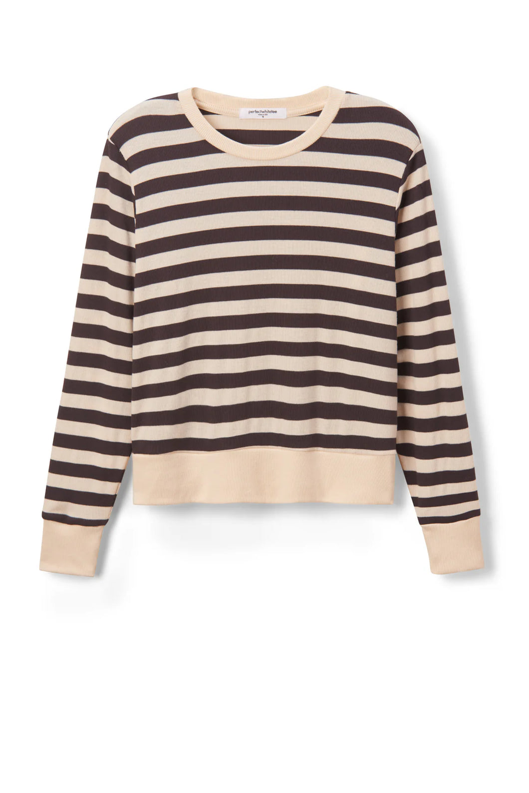 Perfect White Tee Mocha Stripe Rib LS Crew Neck Top