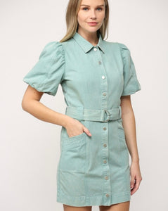 Mint Denim Button Puff Slv Dress