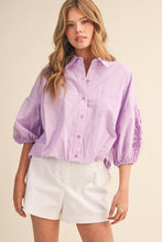 Load image into Gallery viewer, Lilac Embroidered Puff Slv Button Down Top