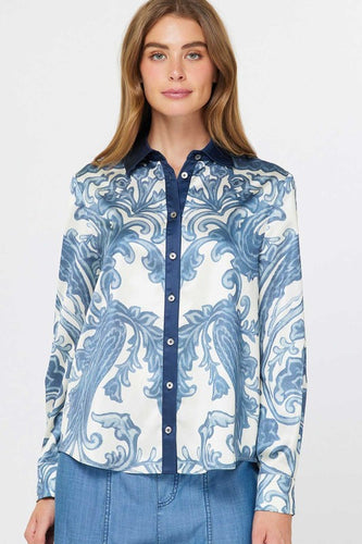 Navy/Cream Printed LS Button Down Blouse