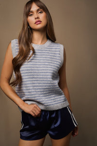 Heather Grey/Blue Striped Slvls Sweater Vest
