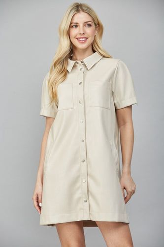 Ecru Front Pocket Button Down Leather Dress