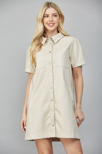 Ecru Front Pocket Button Down Leather Dress