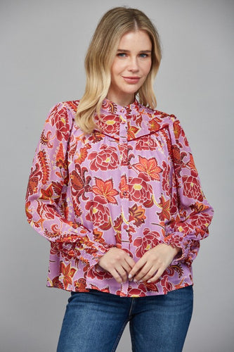 Lavender Multi Print LS Button Down Blouse