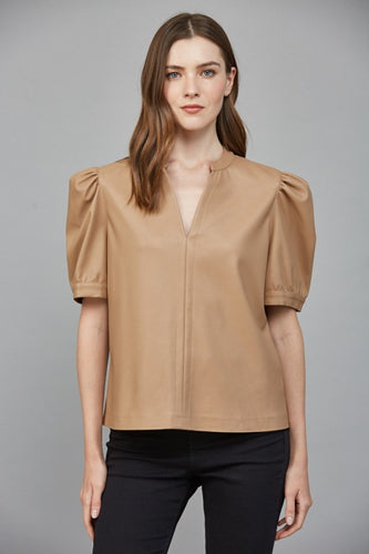 Latte Leather Split Neck Puff Slv Top
