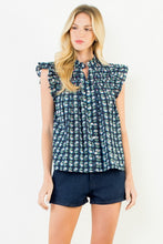 Load image into Gallery viewer, Navy Floral Button Down Flutter Slv Top (THML)