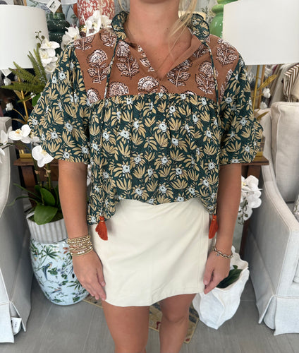 Green Floral Detailed Puff Slv Top (THML)