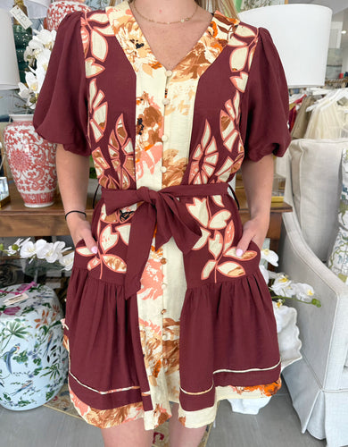 Brown/Maroon Printed Puff Slv Button Up Dress (THML)