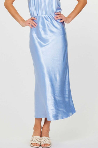 Cloudy Blue Satin Elastic Waist Midi Skirt