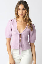 Load image into Gallery viewer, Tie Frnt Puff Slv Knit Top Lavender