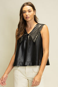 Black Leather Pintuck Lace Collar Top
