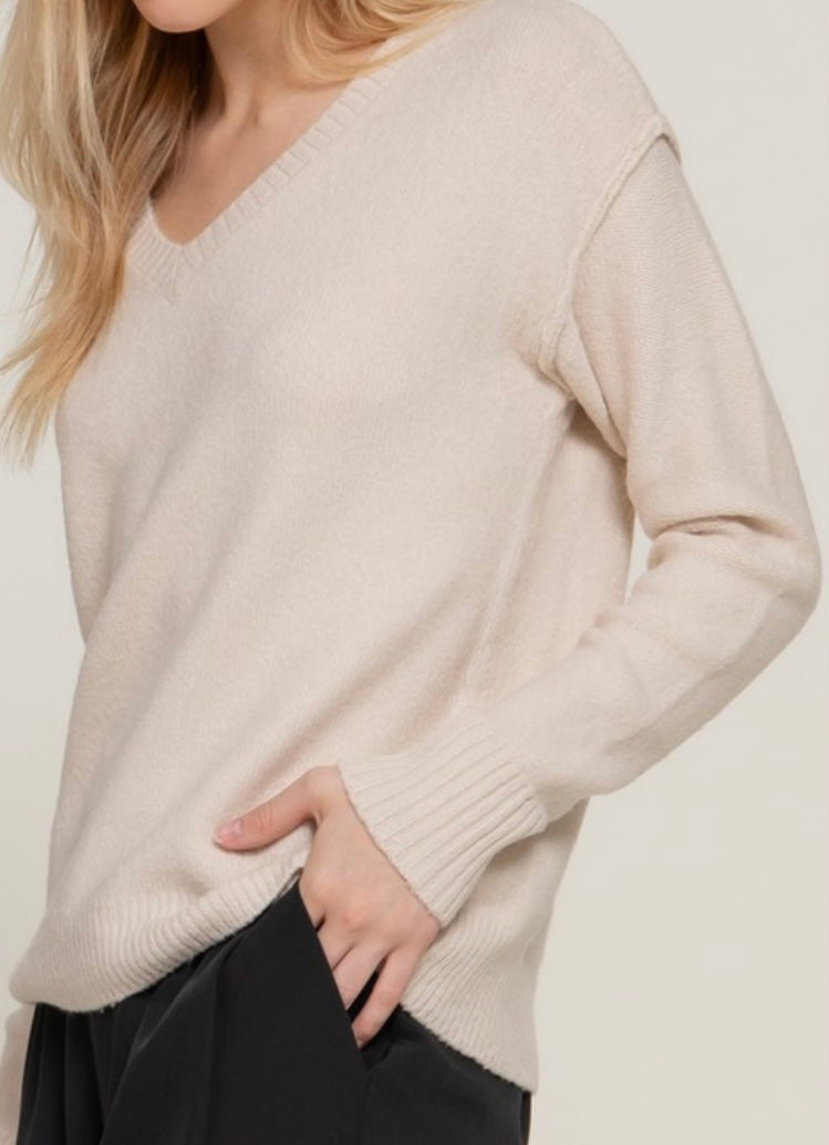 Taupe V-Neck Raised Seam Detail Sweater