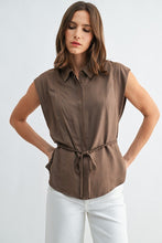 Load image into Gallery viewer, Brown Slvls Button Down Tie Waist Top