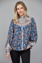 Load image into Gallery viewer, Teal Blue Multi Print Ruffled Neck Button Down Blouse