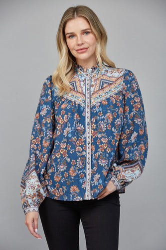 Teal Blue Multi Print Ruffled Neck Button Down Blouse