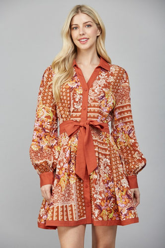 Brown Multi Print LS Shirt Dress