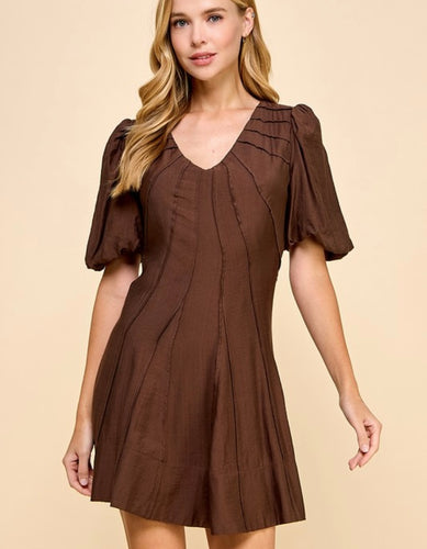 Chocolate Puff Slv V-Neck Dress