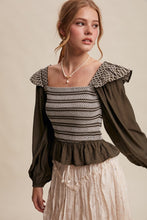 Load image into Gallery viewer, Olive Contrast Stitch Smocked LS Top