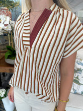 Load image into Gallery viewer, Brown/White Striped V-Neck SS Top (THML)