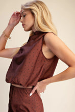 Load image into Gallery viewer, Mocha Mock Neck Satin Polka Dot Top