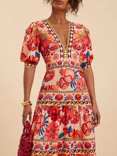 Load image into Gallery viewer, Red Resort Tropical Print V-Neck Puff Slv Maxi Dress