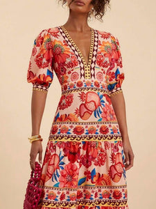 Red Resort Tropical Print V-Neck Puff Slv Maxi Dress