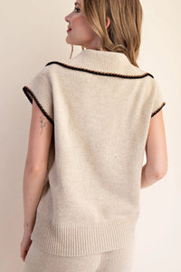 Beige Collar Stitched Sweater Top