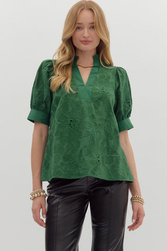 Green Floral Textured Puff Slv Top