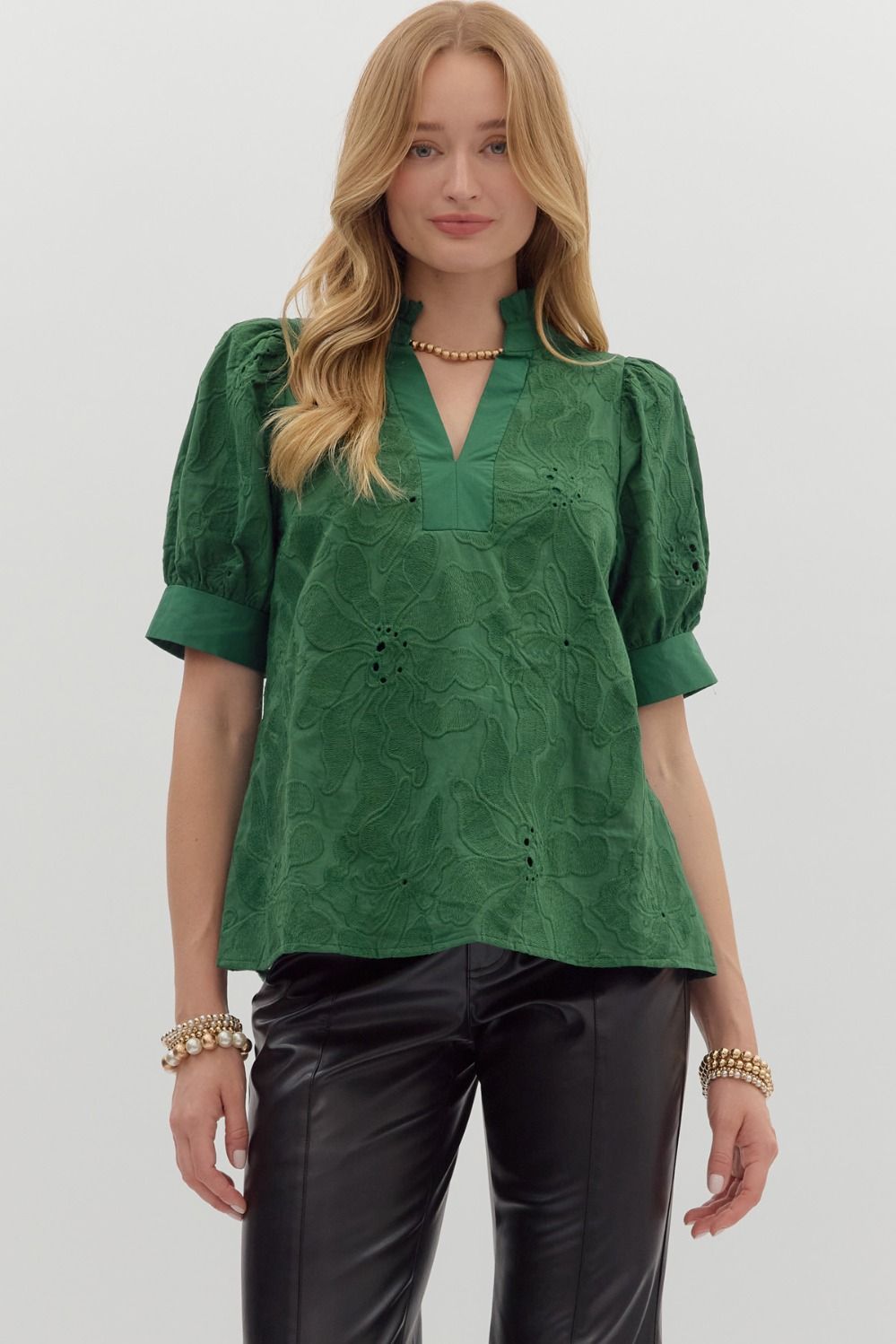Green Floral Textured Puff Slv Top