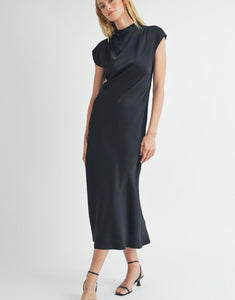 Black Satin Mock Neck Shirring Long Dress