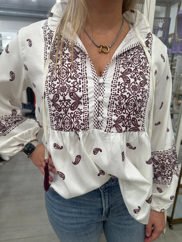 Multi Paisley Print LS Tassel Shirt