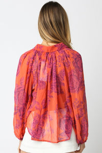 Orange Magenta Floral LS Button Down Blouse