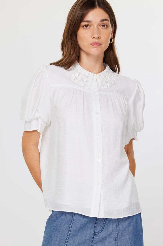 White Lace Collar Button Puff Slv Top