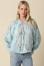 Load image into Gallery viewer, Lt. Blue Yellow Printed Tie Frnt Blouse