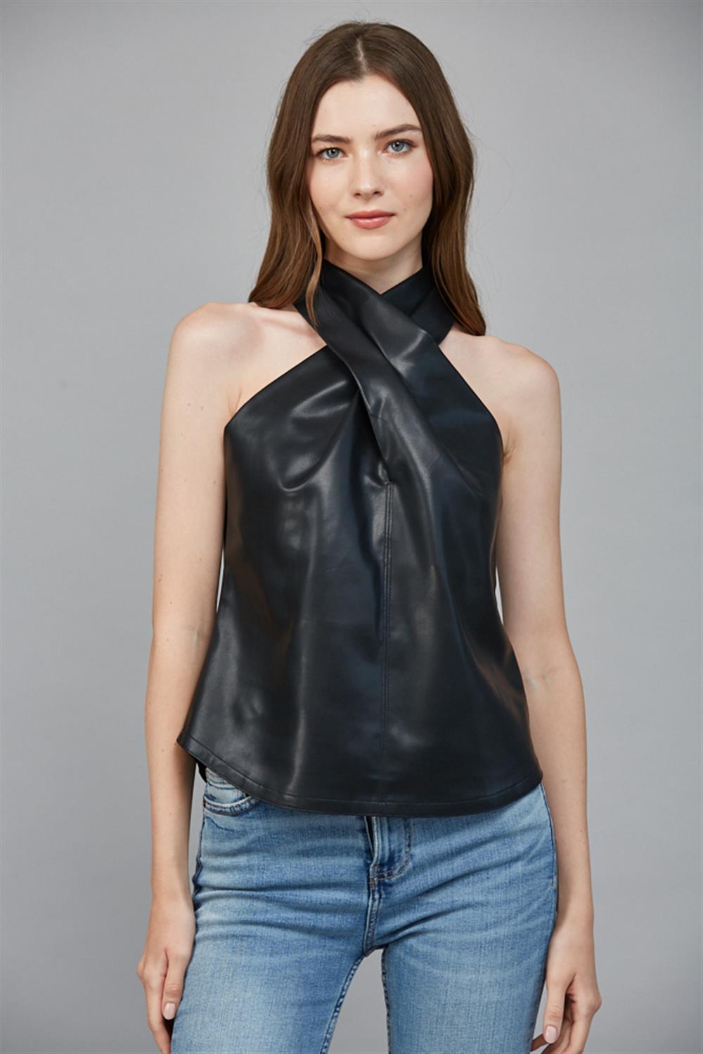 Black Leather Cross Neck Top