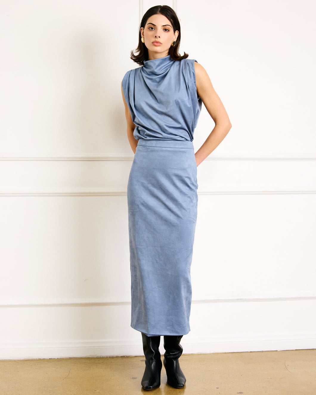 Steel Blue Suede Midi Skirt