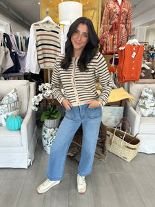 Oatmeal/Black Striped Button Down Cardigan