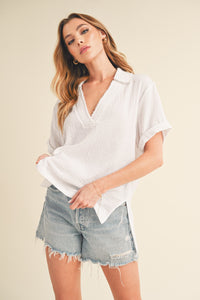 White Gauze Collared SS Top
