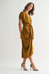 Golden Brown Satin Dolman Slv Tie Frnt Dress